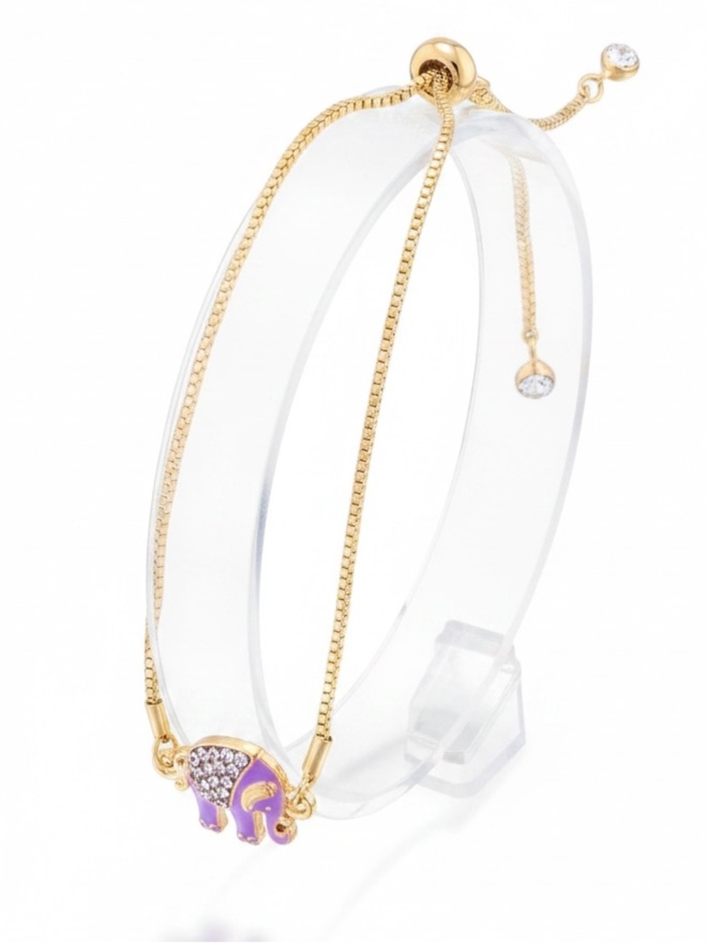 Elephant Purple Enamel 3/4" Charm Rhinestone Gold Adjustable Bracelet Stackable
